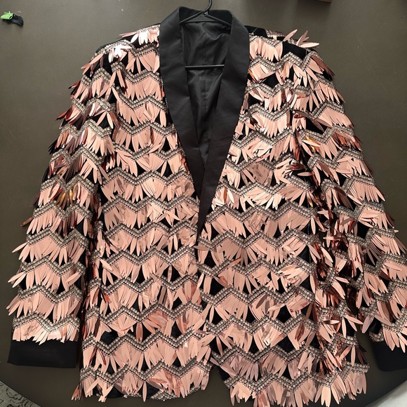Metallic rose gold fringe blazer